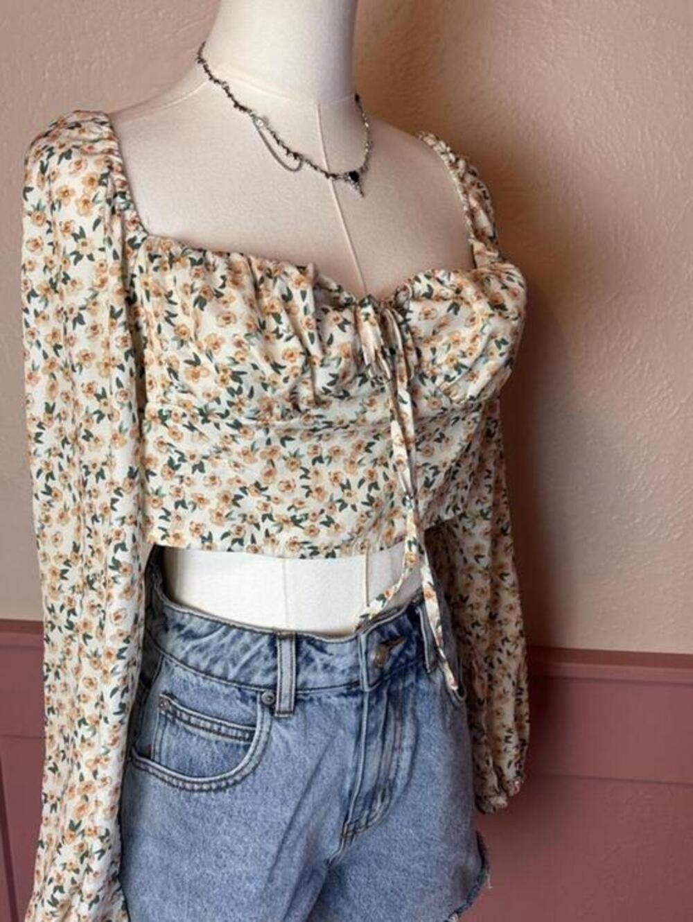 floral milkmaid crop top yellow cottage fairy dainty ditsy lolita